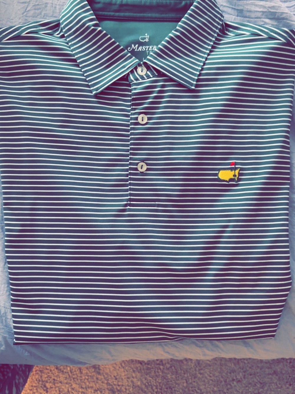 Masters tech Striped Polo in Green and White. Size L - Picture 1 of 3